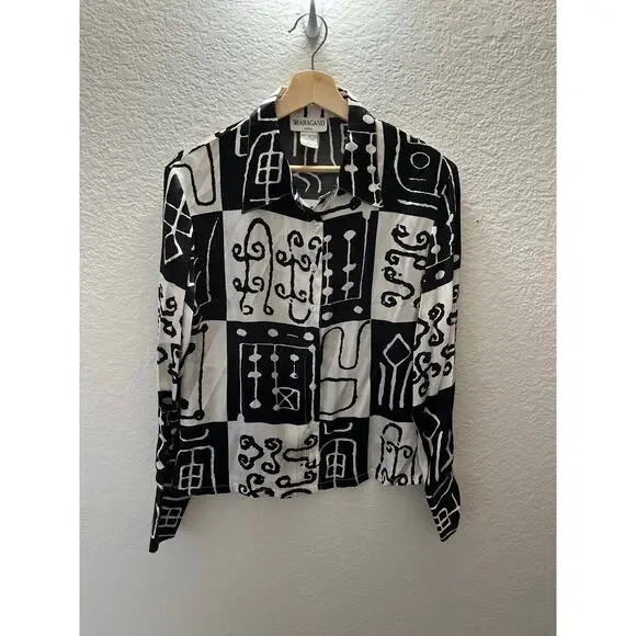 Vintage Sharagano 100% Silk Abstract Art Blouse Black White 90s Avant Garde - Picture 2 of 4